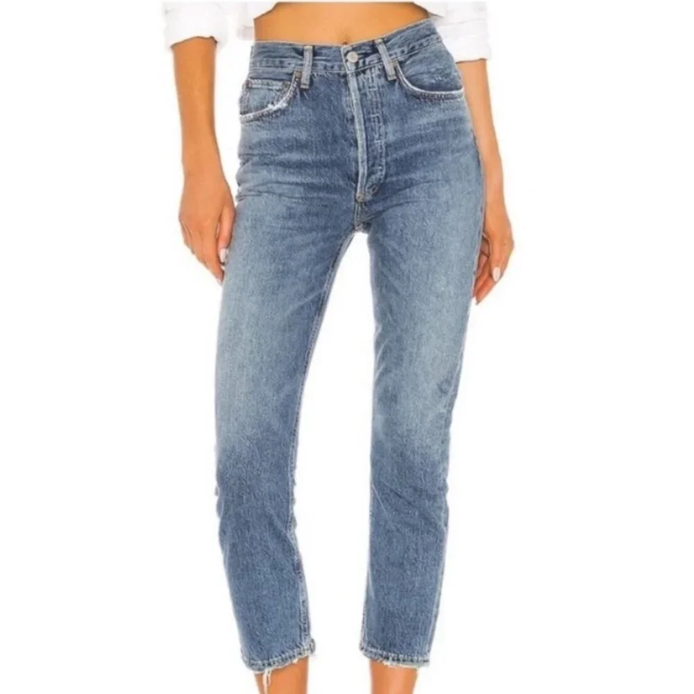 Agolde Riley High Rise Straight Crop Stretch Skinny Button Fly Denim Jeans 24 - Picture 4 of 15